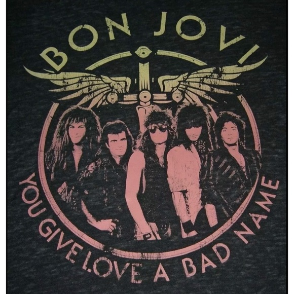 Bon Jovi Tee Shirt You Give Love A Bad Name Distressed Burn Out Gray Retro 80's - Picture 3 of 8